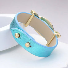 Load image into Gallery viewer, Turquoise Faux Sparkle Leather Metal Link Accented Snap Bracelet
