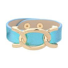 Load image into Gallery viewer, Turquoise Faux Sparkle Leather Metal Link Accented Snap Bracelet
