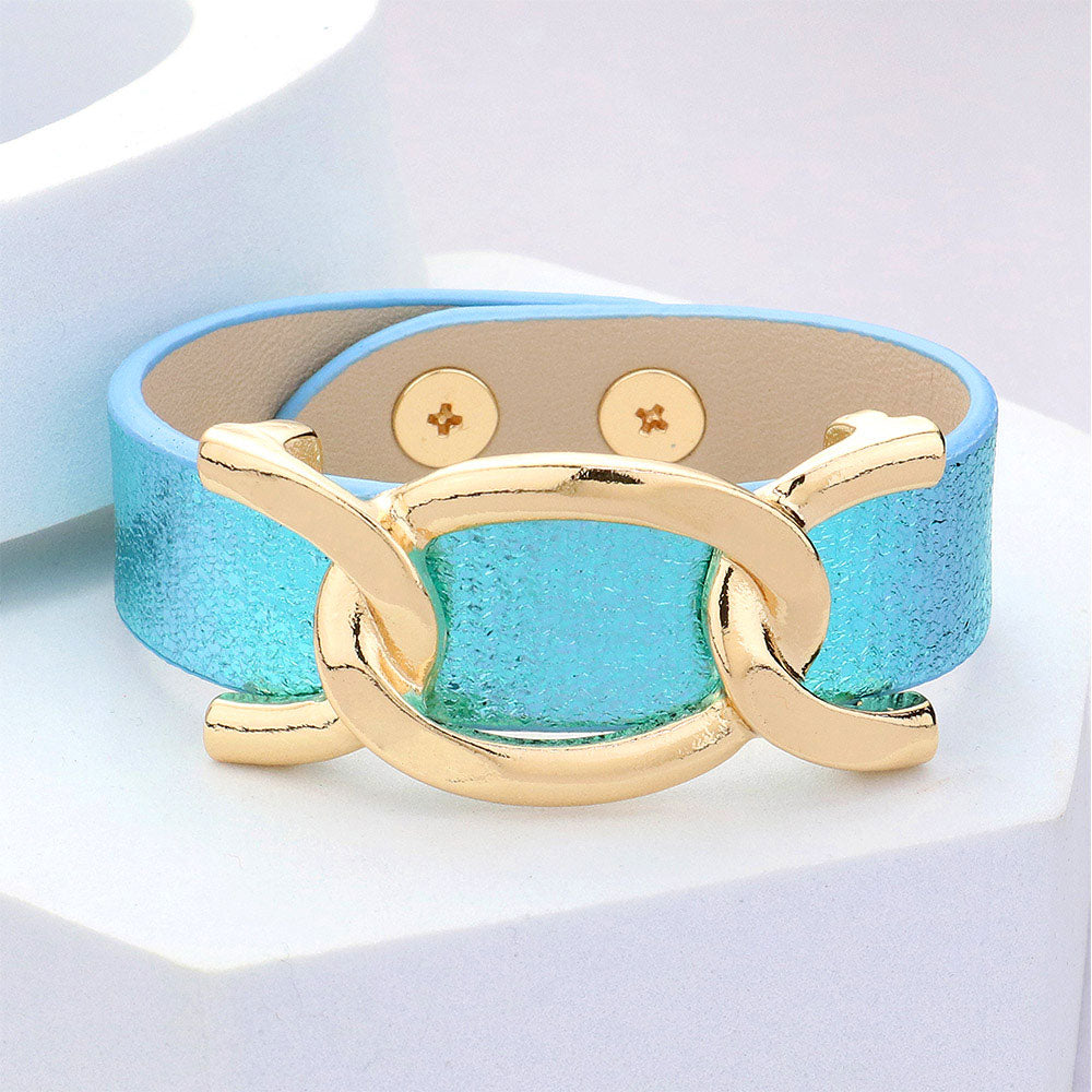 Turquoise Faux Sparkle Leather Metal Link Accented Snap Bracelet