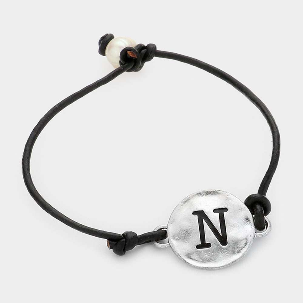 Letter N Monogram Metal Disc Pearl Pointed Bracelet