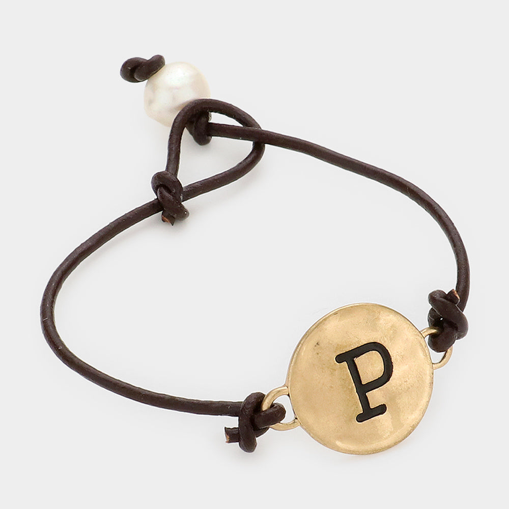 Letter P Monogram Metal Disc Pearl Pointed Bracelet