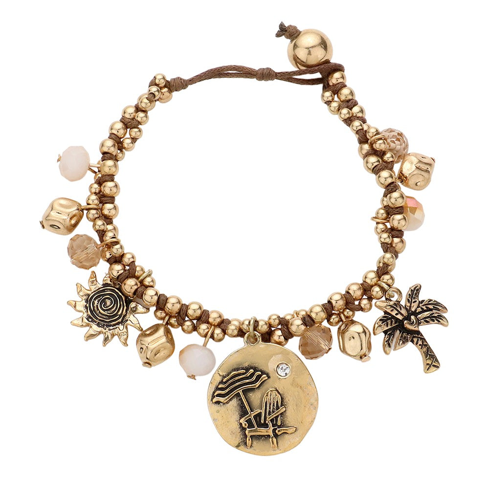 Gold Palm tree & beach umbrella charm bracelet