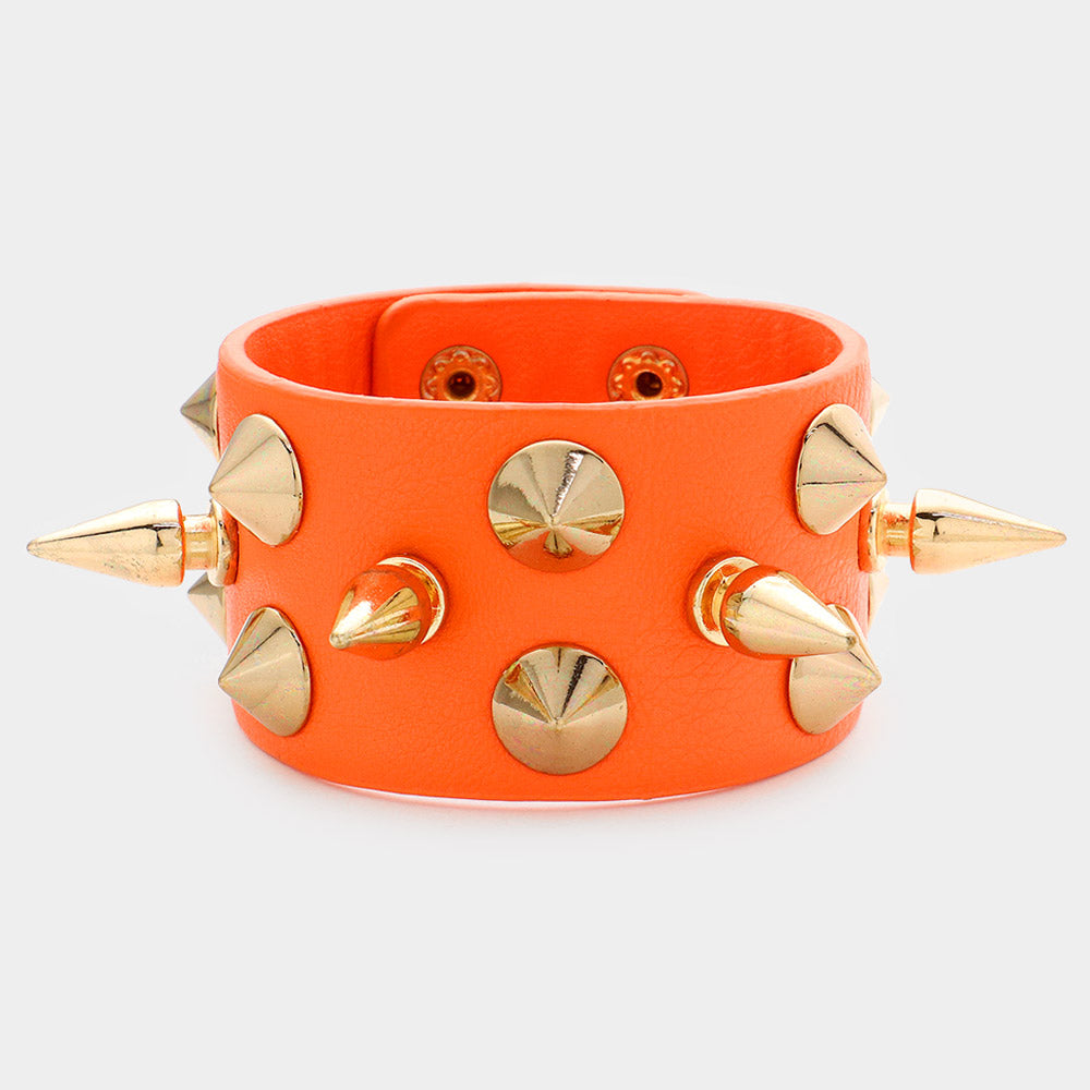 Orange Spike Studded Faux Leather Bracelet