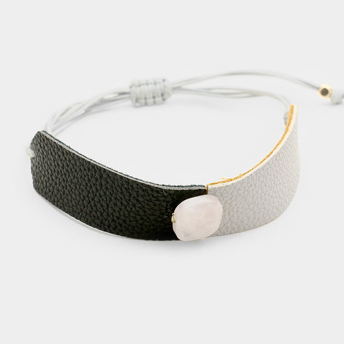 Gray Two Tone Leather Square Bead Accented Cinch Bracelet