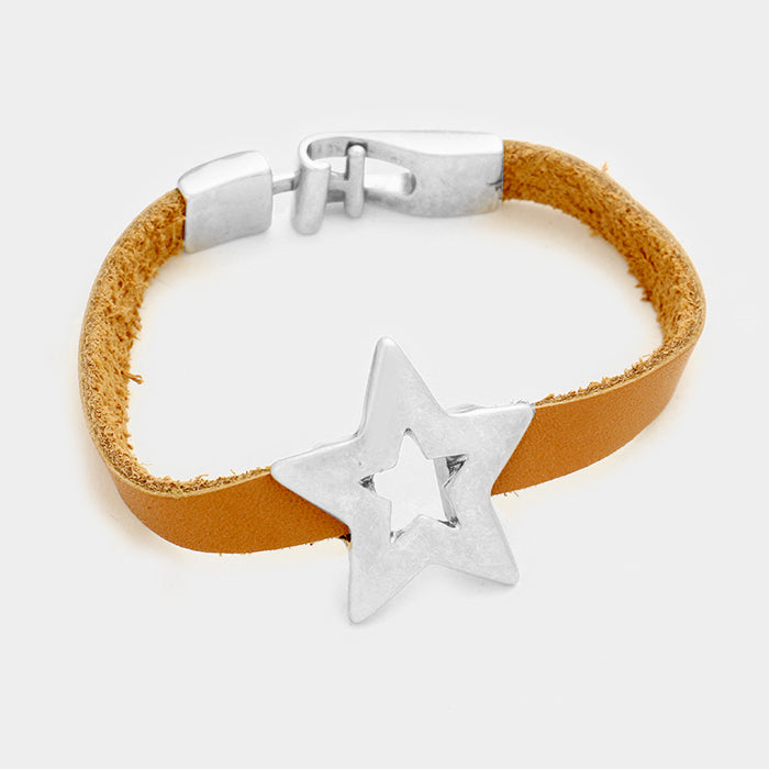 Silver Star & faux leather bracelet