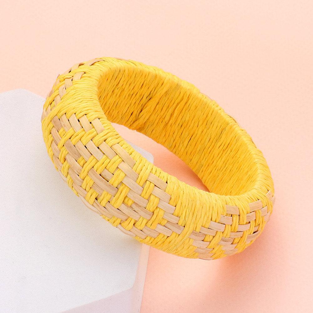 Yellow Raffia Weave Abstract Pattern Bangle Bracelet