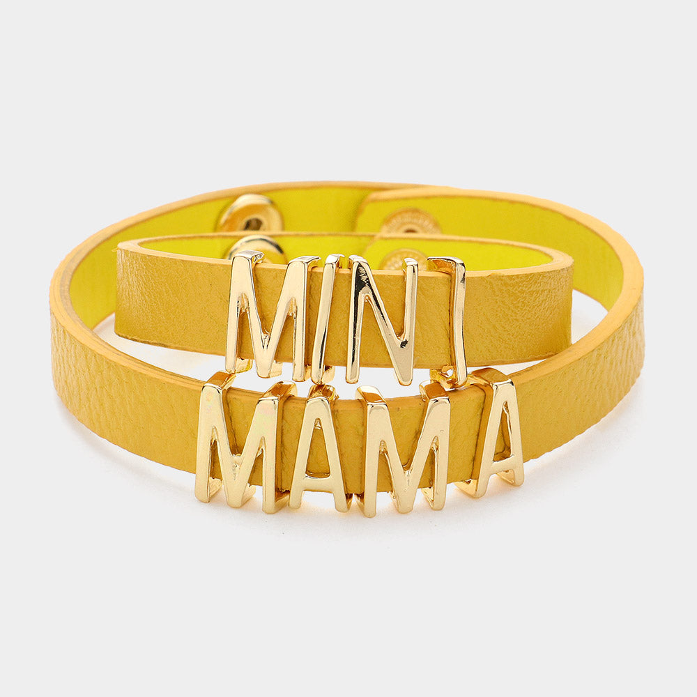 Yellow 2PCS - MINI MAMA Message Faux Leather Button Snap Bracelets Set