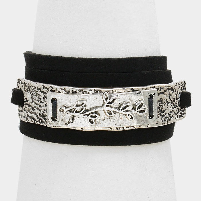 Silver Leaf Twig Metal Suede Wrap Bracelet