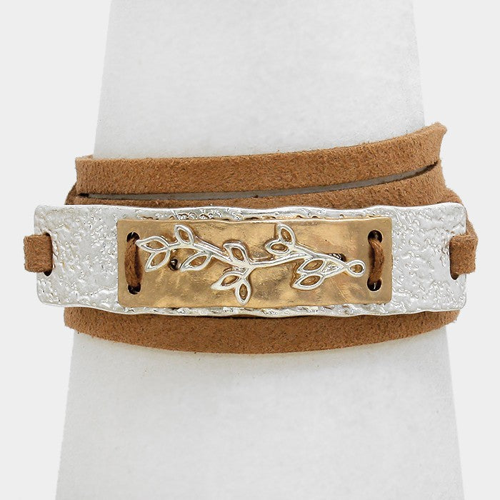 Silver Leaf Twig Metal Suede Wrap Bracelet