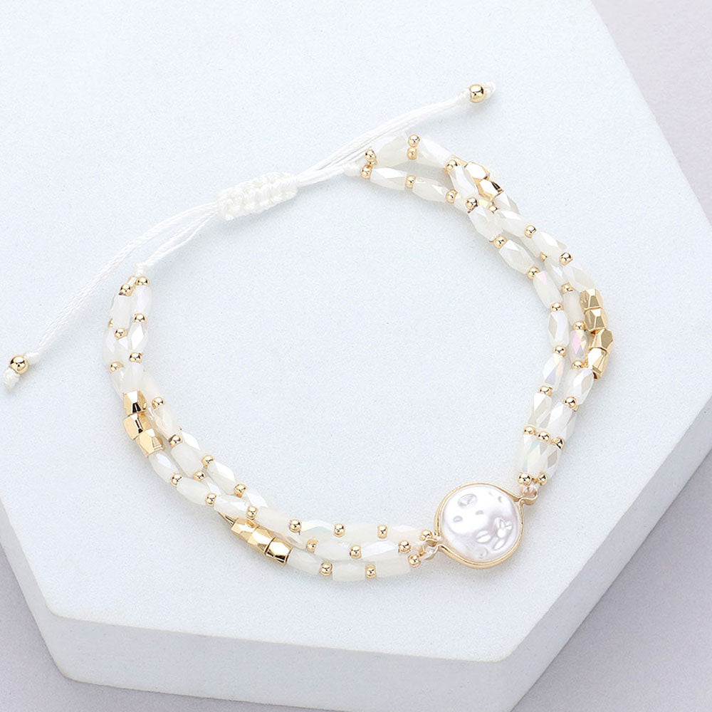 White Pearl Pointed Faceted Beaded Pull Tie Cinch Bracelet