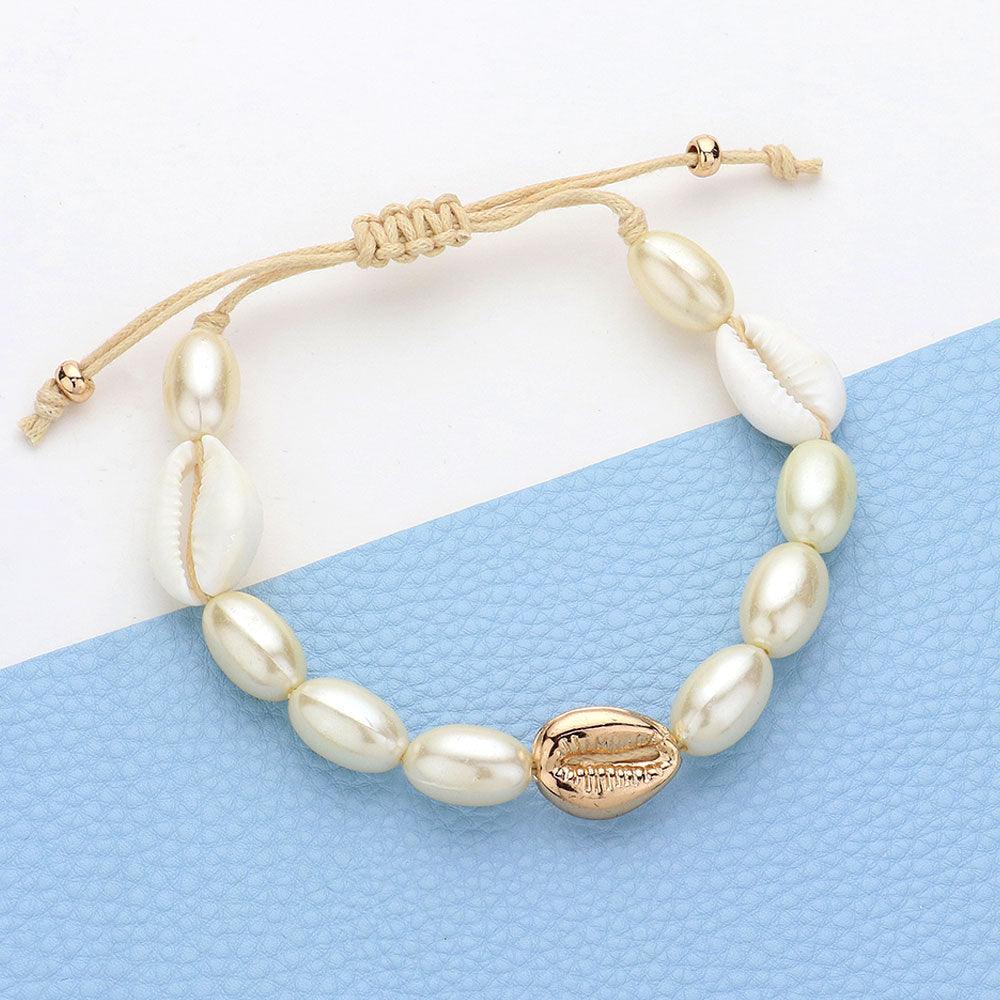 White Puka Shell Pearl Beaded Cinch Pull Tie Bracelet