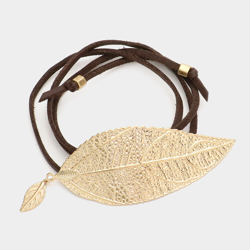 Gold Metal leaf accented faux leather wrap bracelet / choker necklace