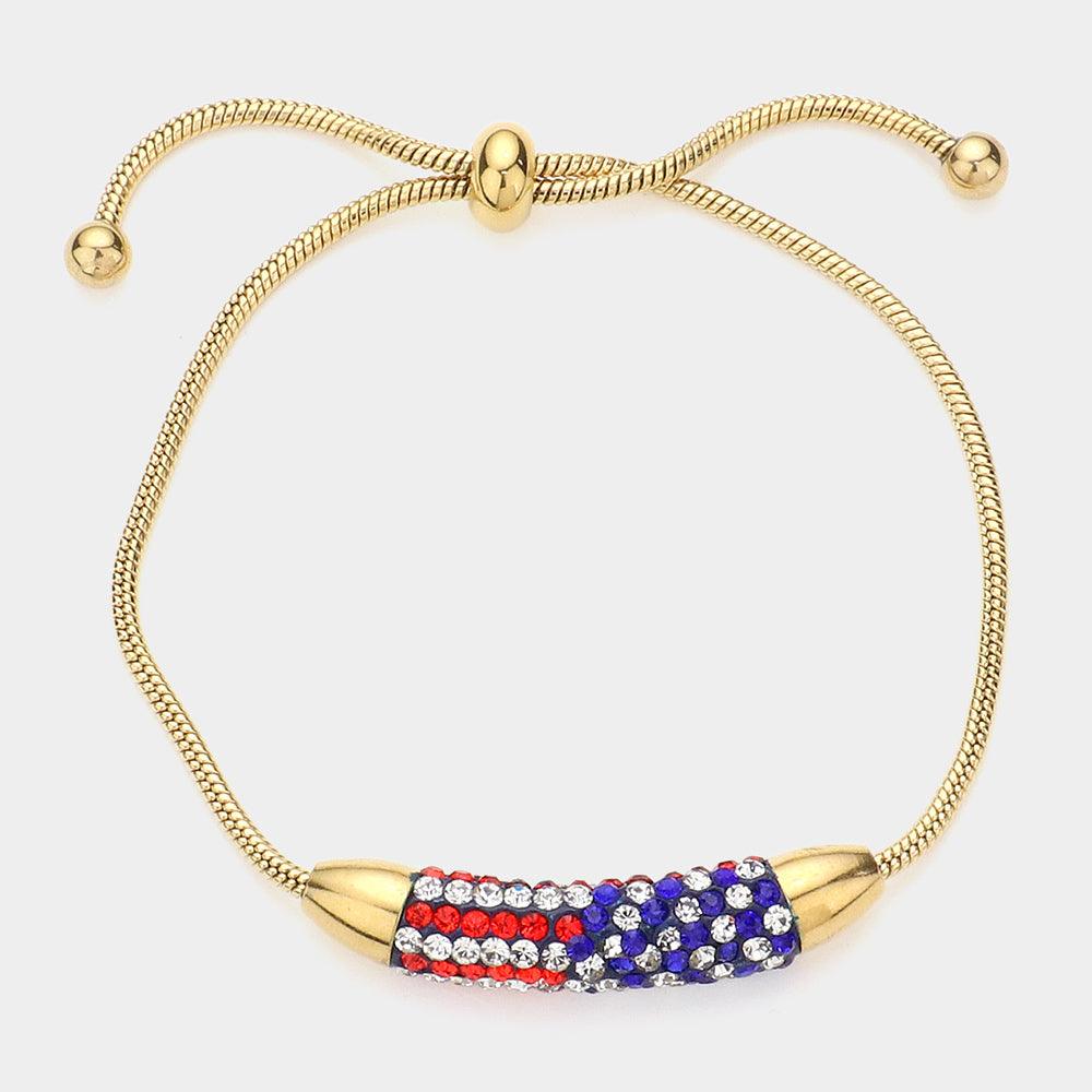 Gold Stone Paved USA Flag Bar Pull Tie Cinch Bracelet