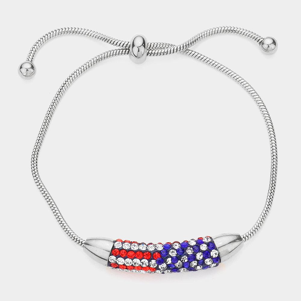 Silver Stone Paved USA Flag Bar Pull Tie Cinch Bracelet