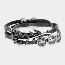 Load image into Gallery viewer, Silver Message Disc Cluster Laurel Faux Leather Wrap Bracelet
