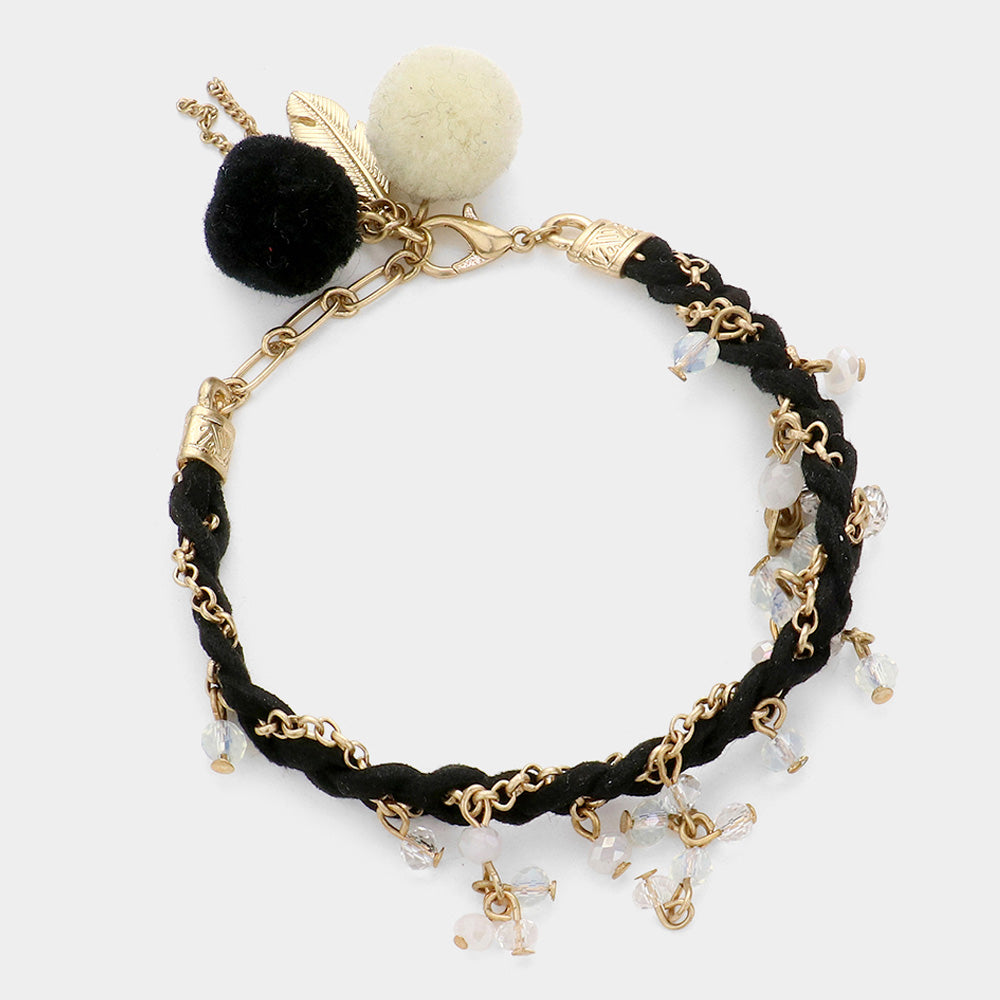 White Pom Pom Pearl Charm Braided Suede Bracelet