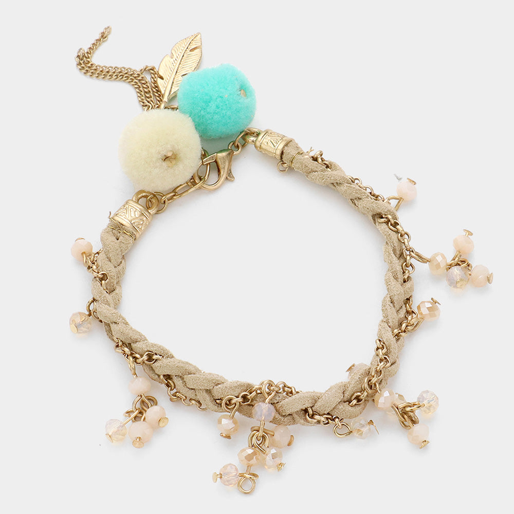 Mint Pom Pom Pearl Charm Braided Suede Bracelet