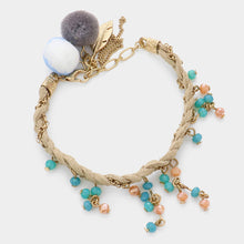 Load image into Gallery viewer, Turquoise Pom Pom Pearl Charm Braided Suede Bracelet
