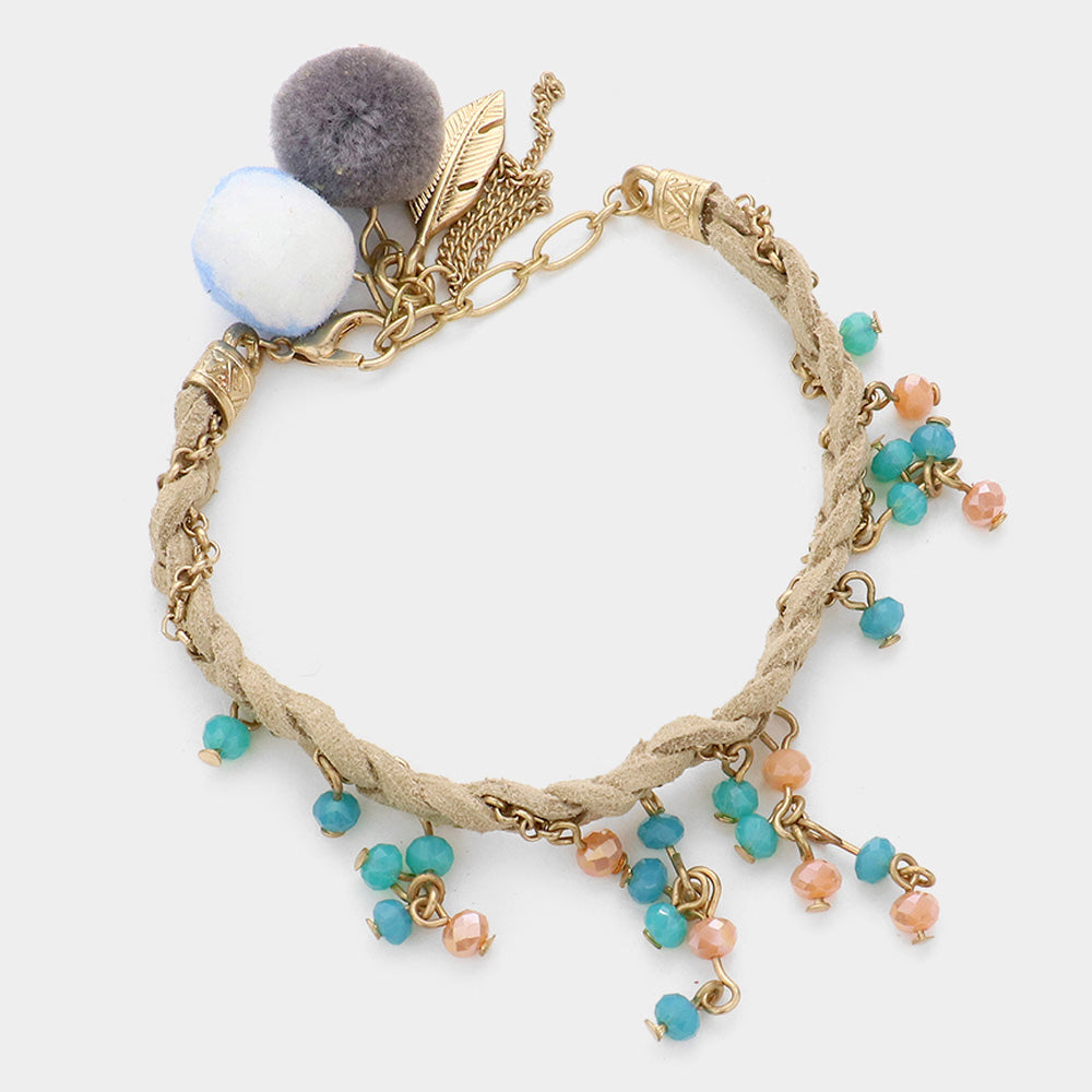 Turquoise Pom Pom Pearl Charm Braided Suede Bracelet