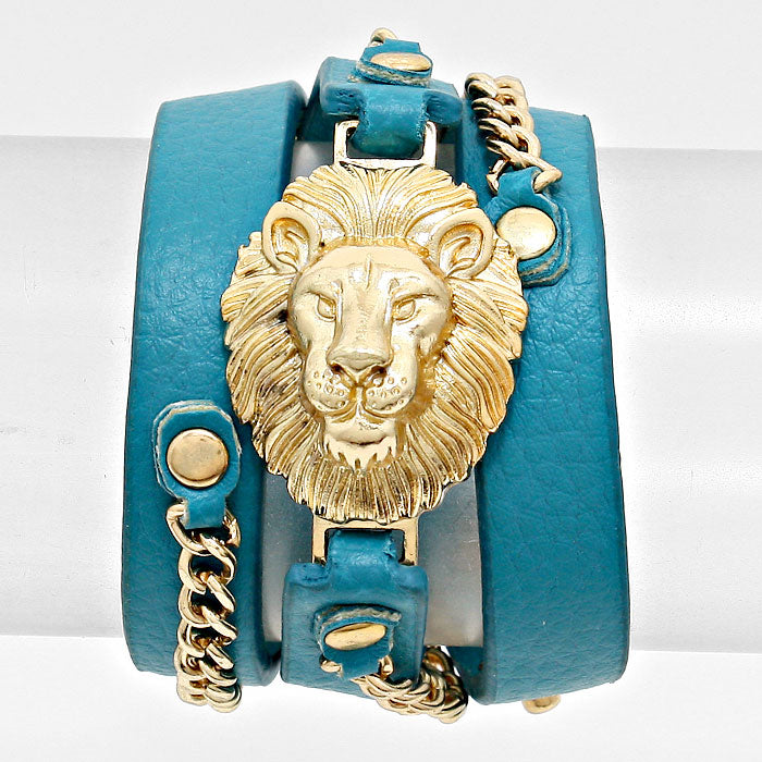 Turquoise Lion Accented Leather Band Bracelet