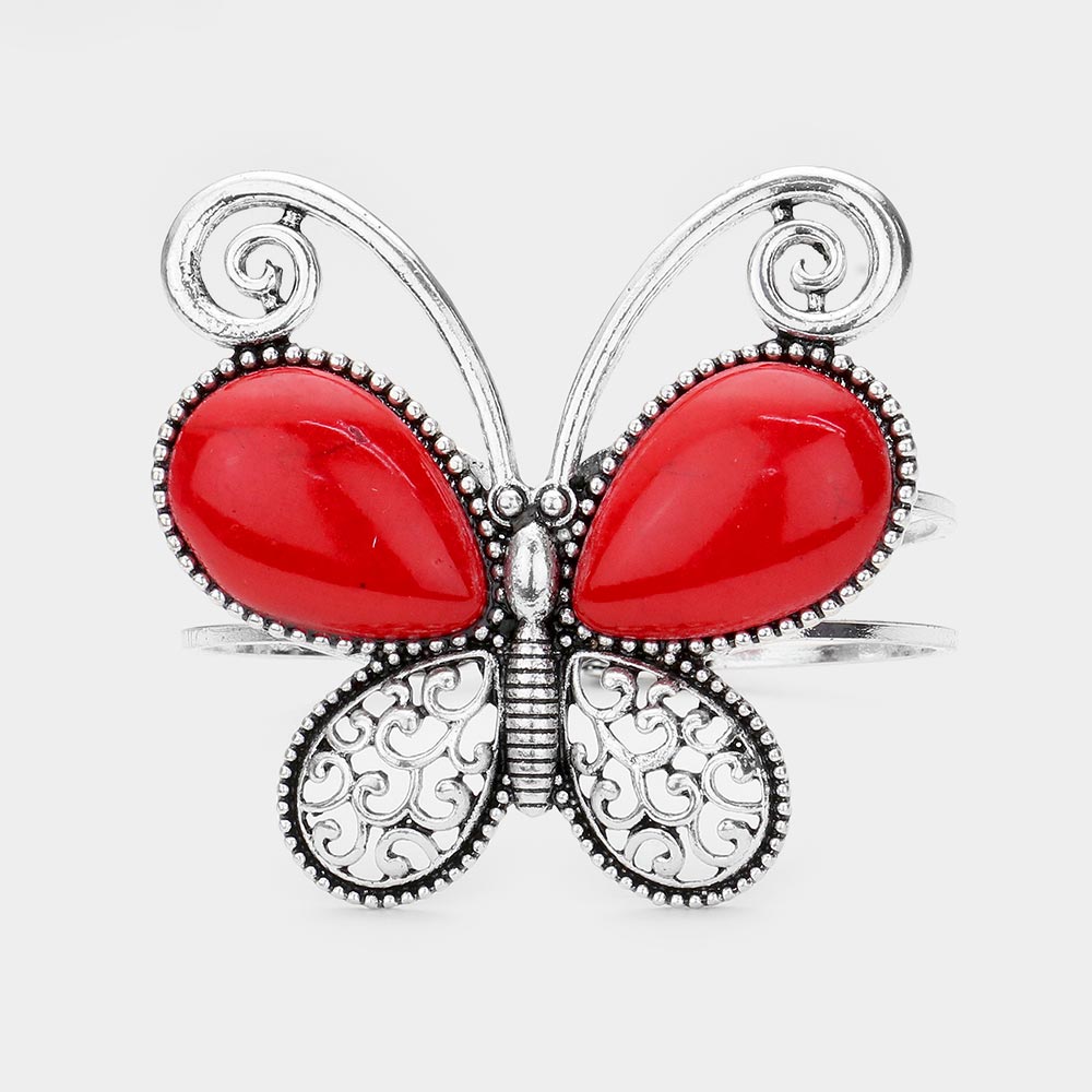 Red Natural Stone Butterfly Hinged Bracelet