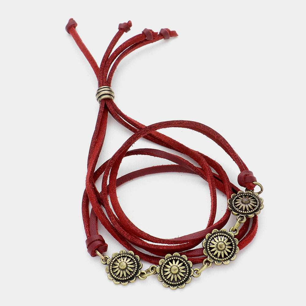 Burgundy Floral disc link multitier faux leather wrap bracelet