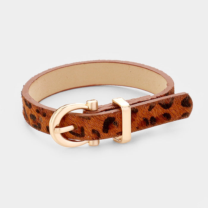 Brown Leopard Pattern Faux Leather Metal Buckle Adjustable Bracelet