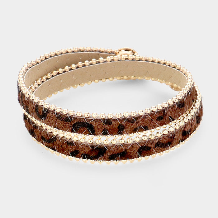 Brown Leopard Leather Wrap Snap Button Closure Bracelet