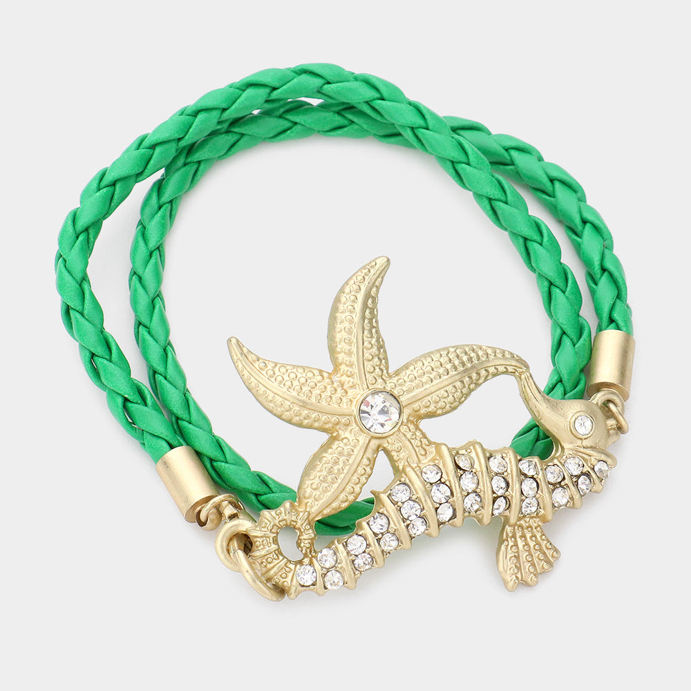 Green Stone Embellished Starfish Seahorse Braided Faux Leather Wrap Bracelet