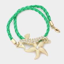 Load image into Gallery viewer, Green Stone Embellished Starfish Seahorse Braided Faux Leather Wrap Bracelet
