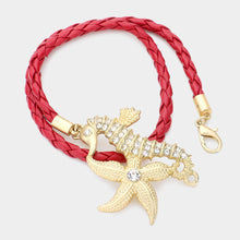 Load image into Gallery viewer, Red Stone Embellished Starfish Seahorse Braided Faux Leather Wrap Bracelet
