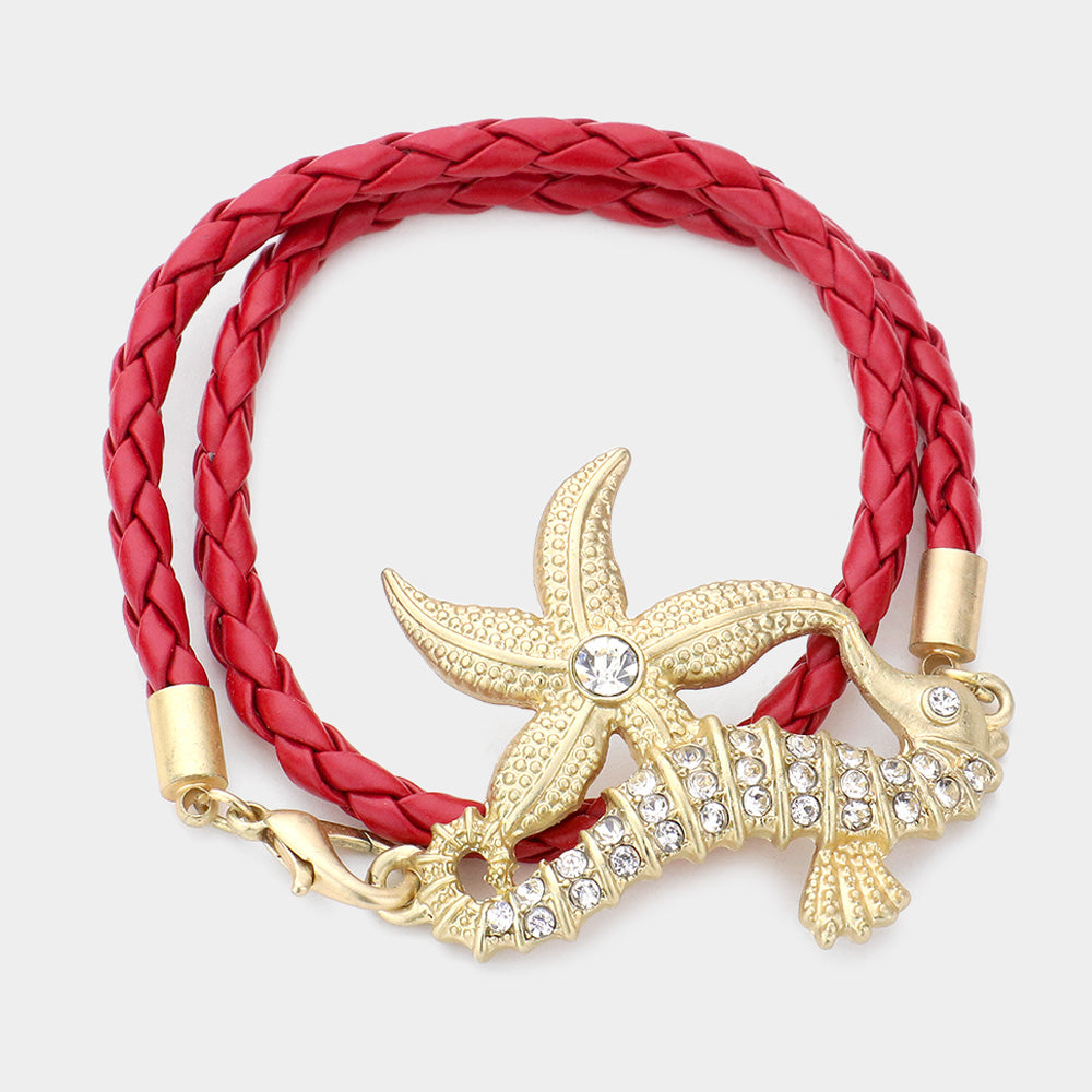 Red Stone Embellished Starfish Seahorse Braided Faux Leather Wrap Bracelet