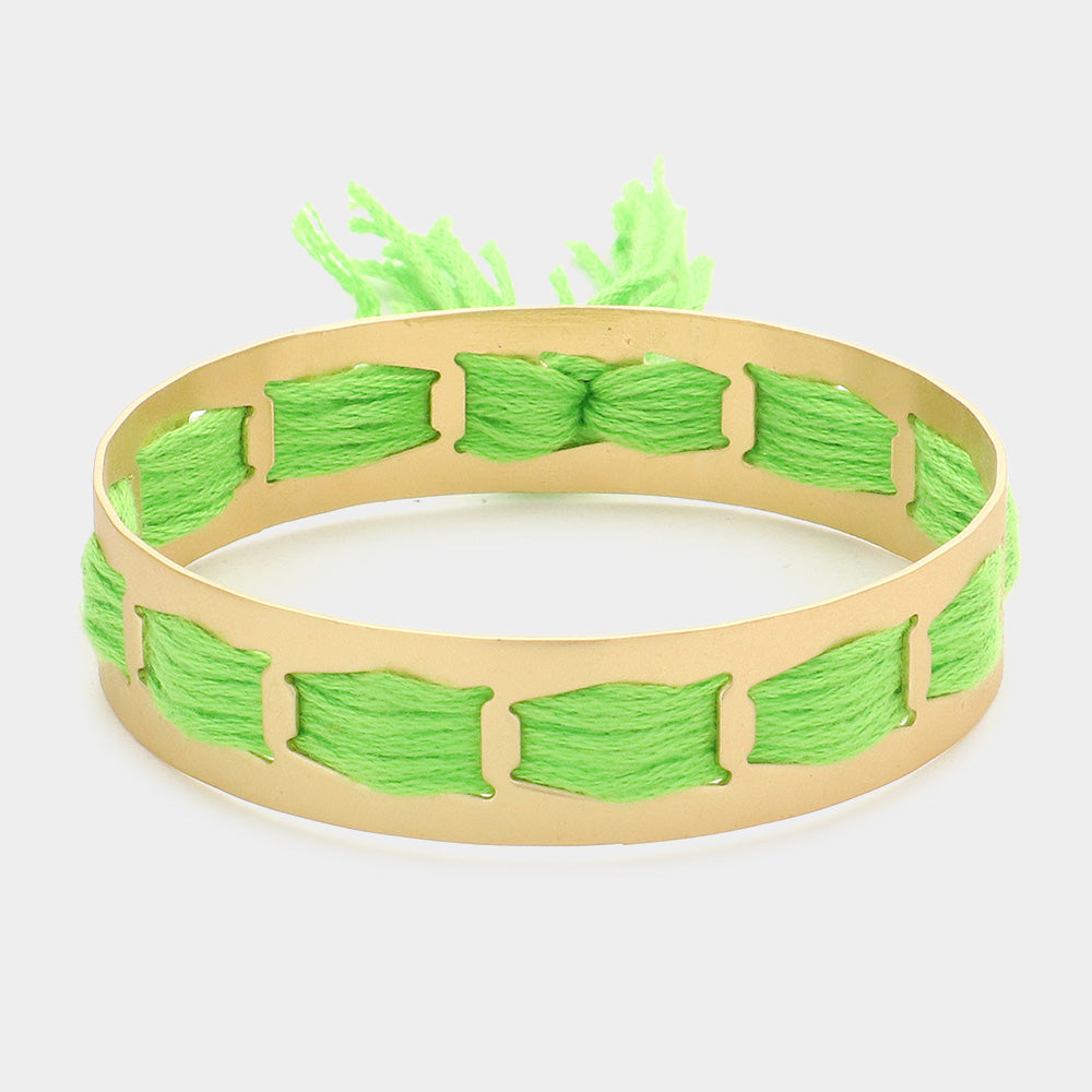 Green Woven String Fringe Bangle Bracelet