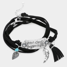 Load image into Gallery viewer, Turquoise New Beginning Message Hammered Metal Heart Wing Suede Tassel Wrap Bracelet
