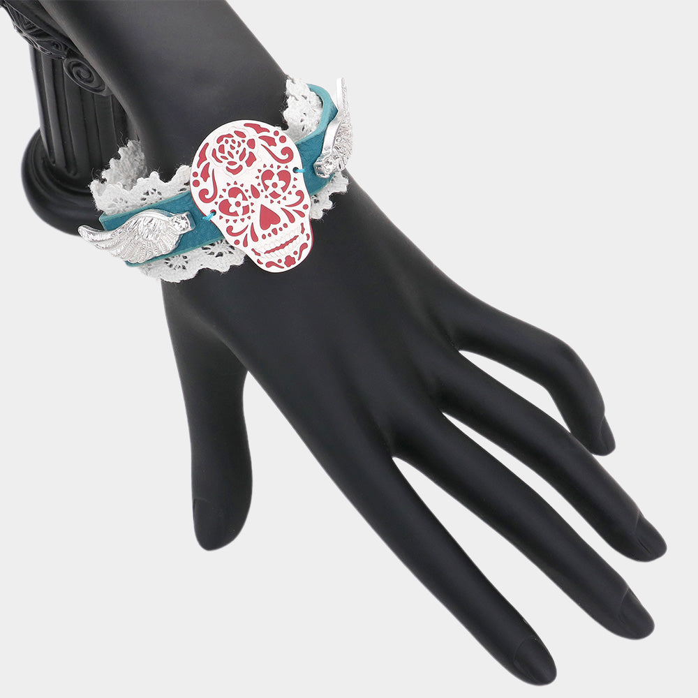 Turquoise Day of the Dead Skull Wings Lace Faux Leather Bracelet