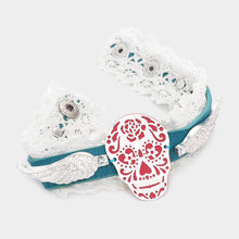 Load image into Gallery viewer, Turquoise Day of the Dead Skull Wings Lace Faux Leather Bracelet
