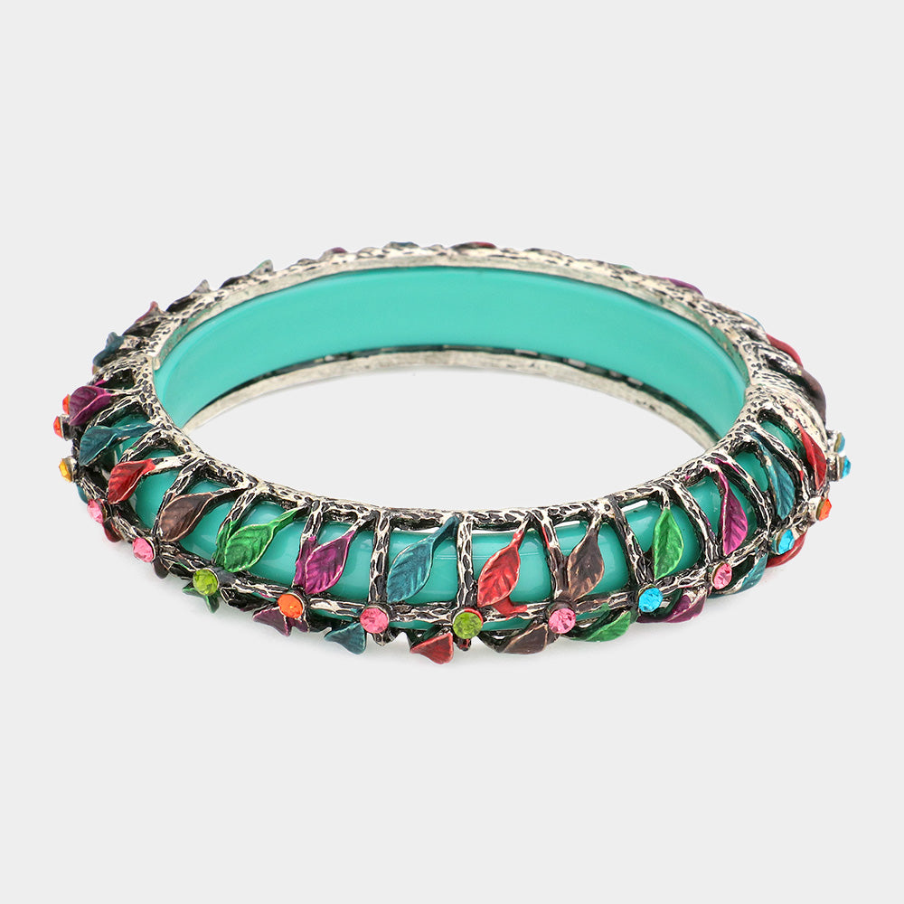 Turquoise Metal Leaf Tube Bangle Bracelet