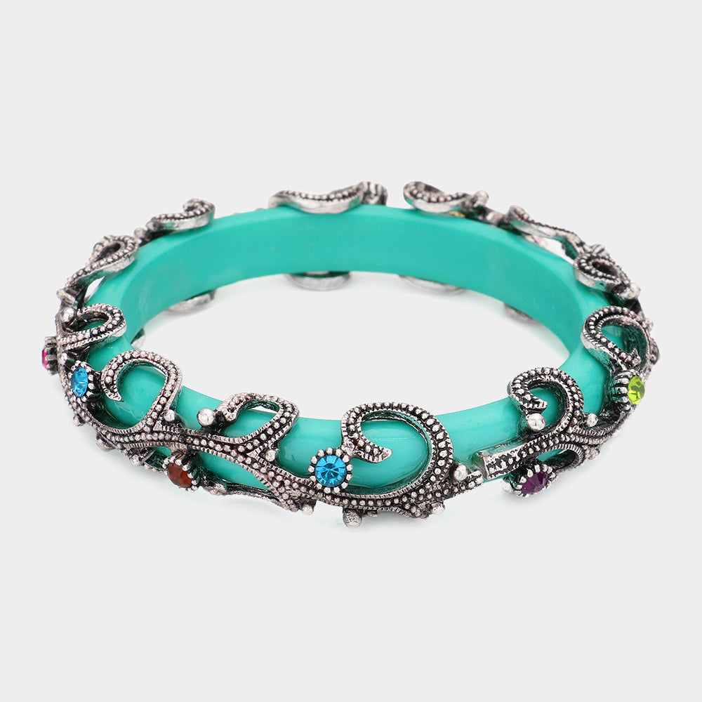 Turquoise Crystal Accented Metal Floral Tube Bangle Bracelet