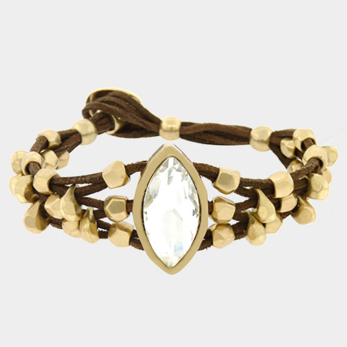 Gold Crystal Accented Chunky Metal Bead Suede Bracelet