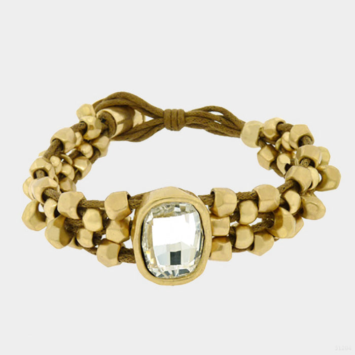 Gold Crystal Accented Abstract Metal Bead Bracelet
