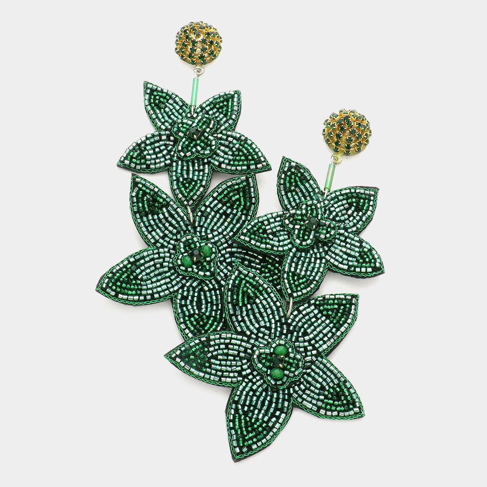 Emerald Beaded Double Flower Link Dangle Earrings