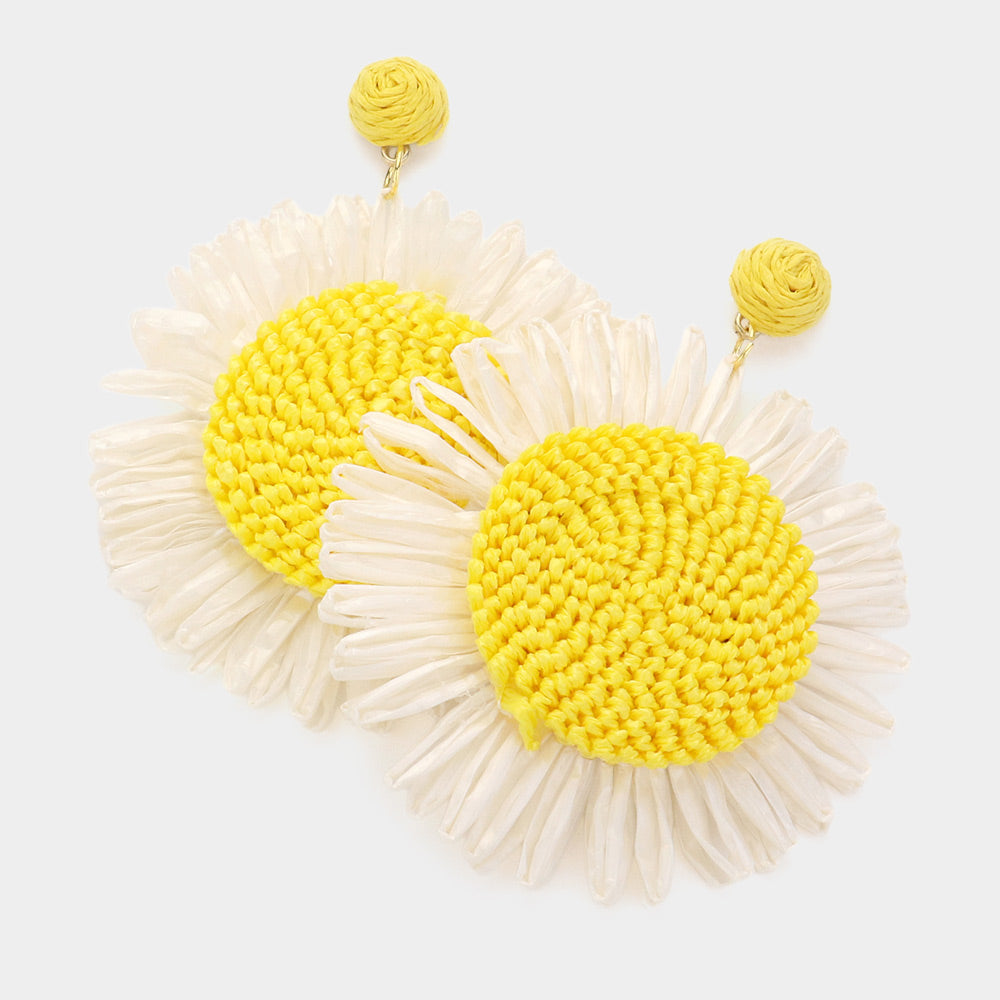 Yellow Raffia Sunflower Dangle Earrings