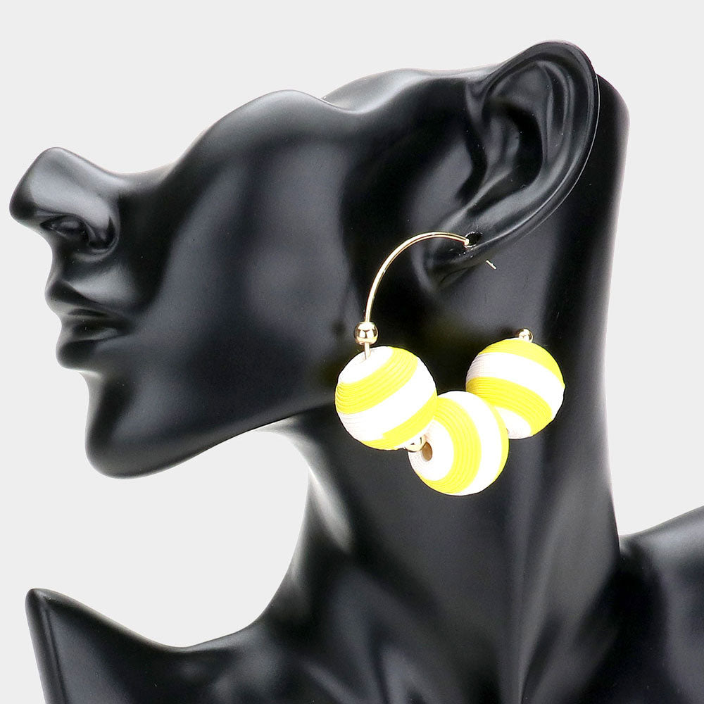 Yellow Two Tone Thread Wrapped Triple Ball Metal Half Hoop Earrings