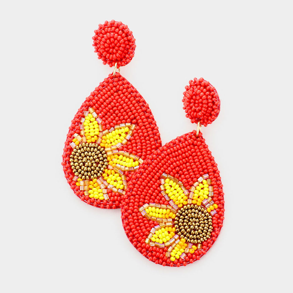 Red Seed Bead Sunflower Accented Teardrop Earrings
