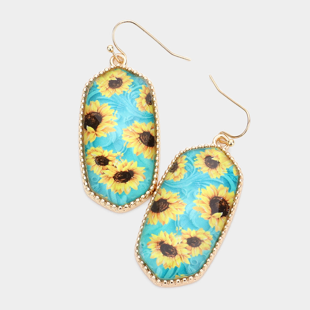 Turquoise Sunflower Printed Hexagon Dangle Earrings