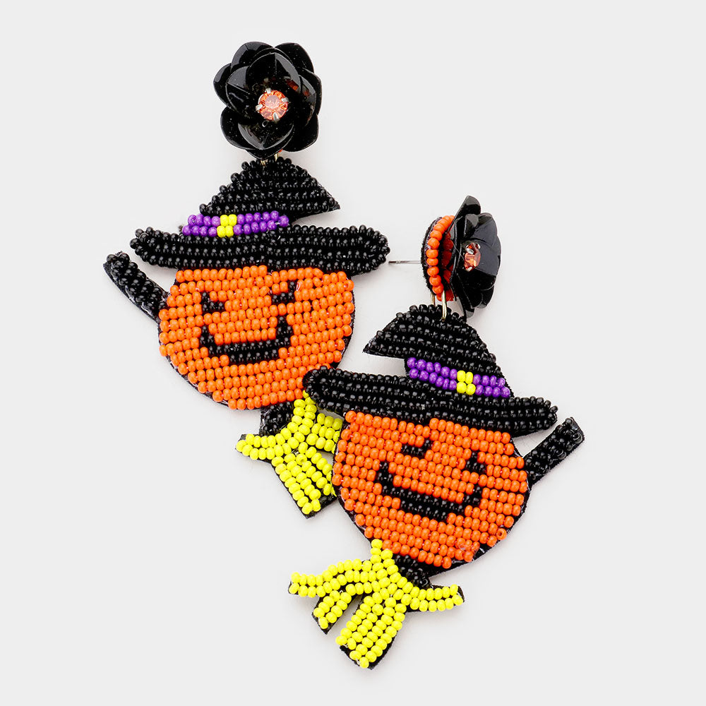 Orange Flower Seed Bead Pumpkin Witch Earrings
