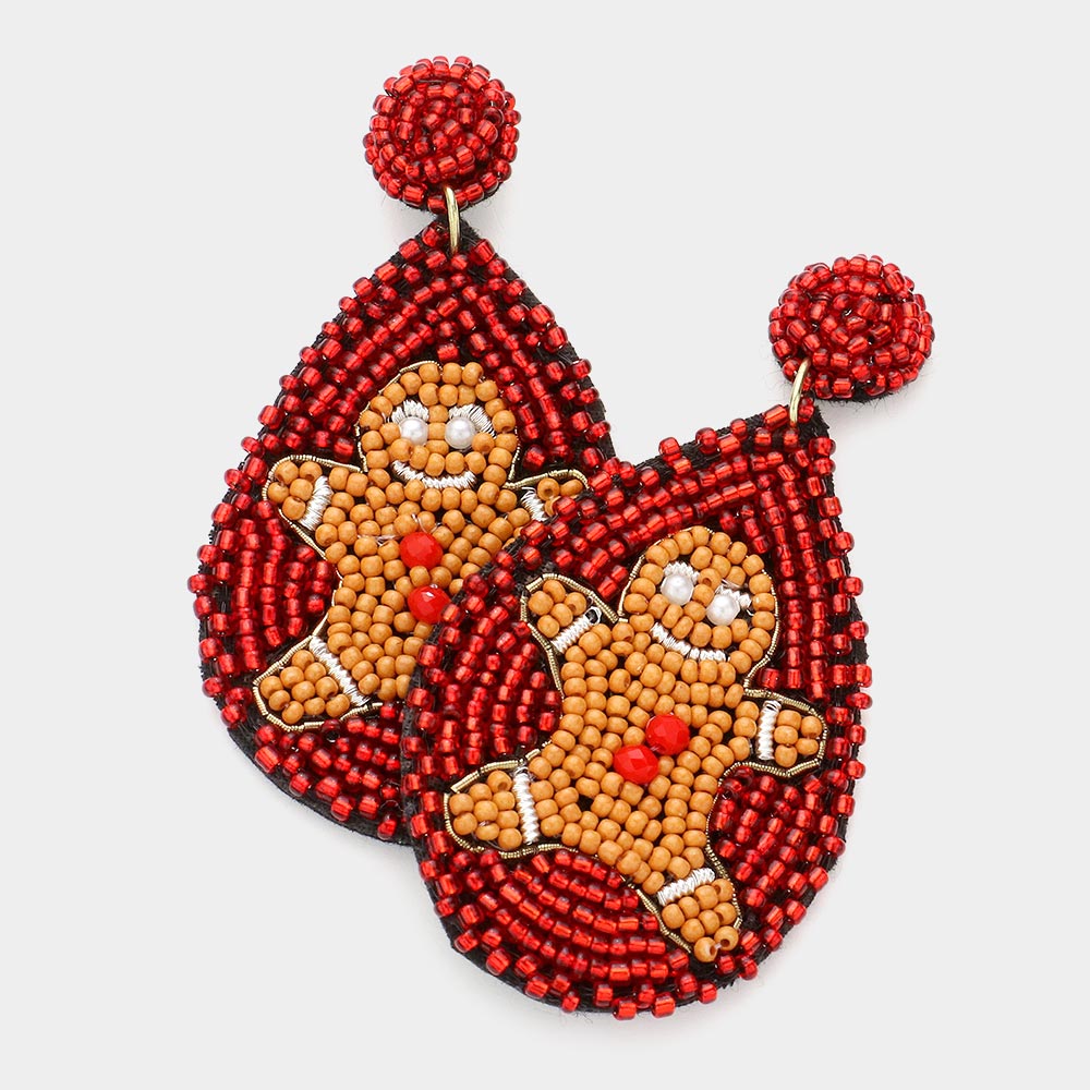 Red Felt Back Seed Bead Gingerbread Man Accented Teardrop Earrings