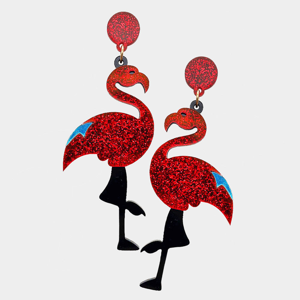 Red Glittered Resin Flamingo Dangle Earrings