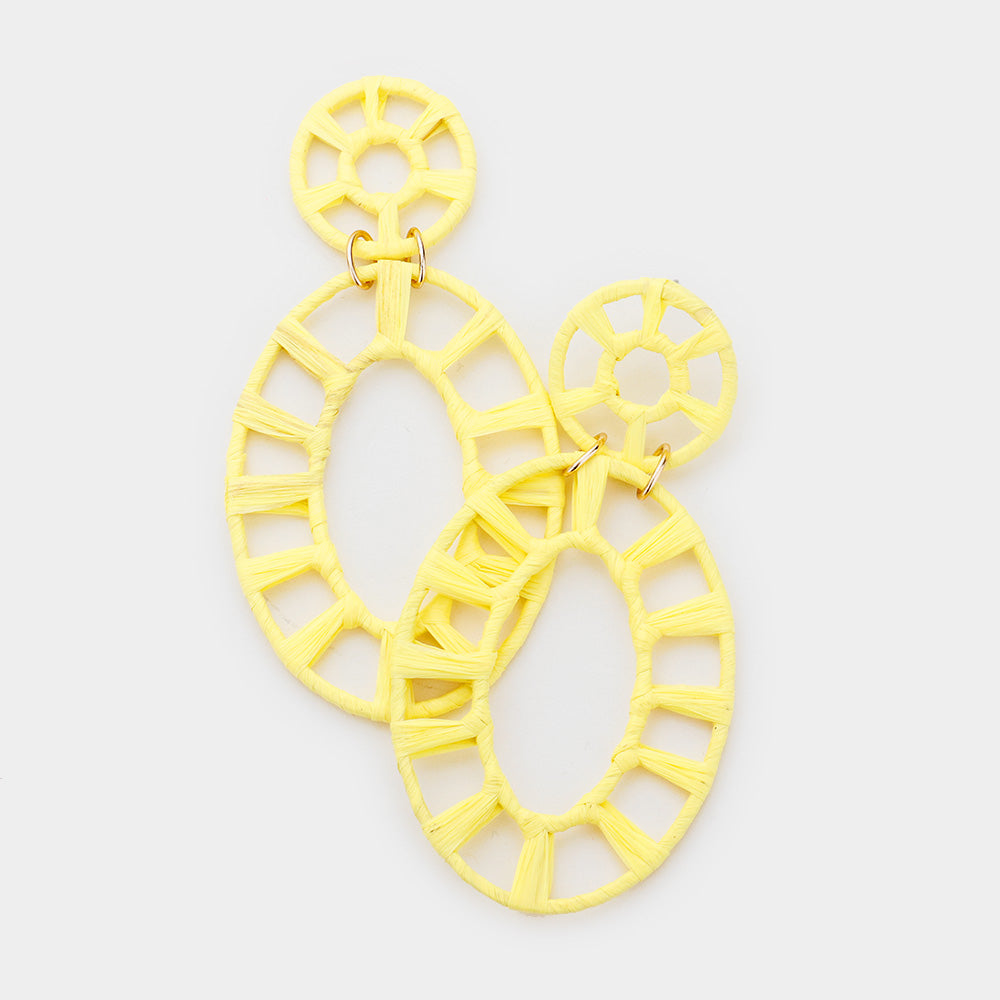 Yellow Raffia Statement Wheel Dangle Earrings