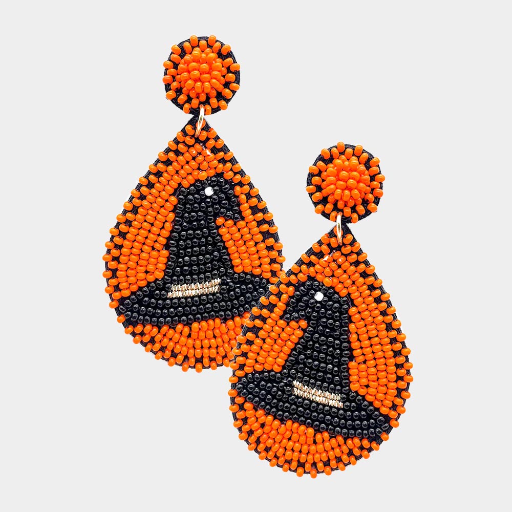Orange Felt Back Seed Beaded Witch Hat Accented Teardrop Dangle Earrings